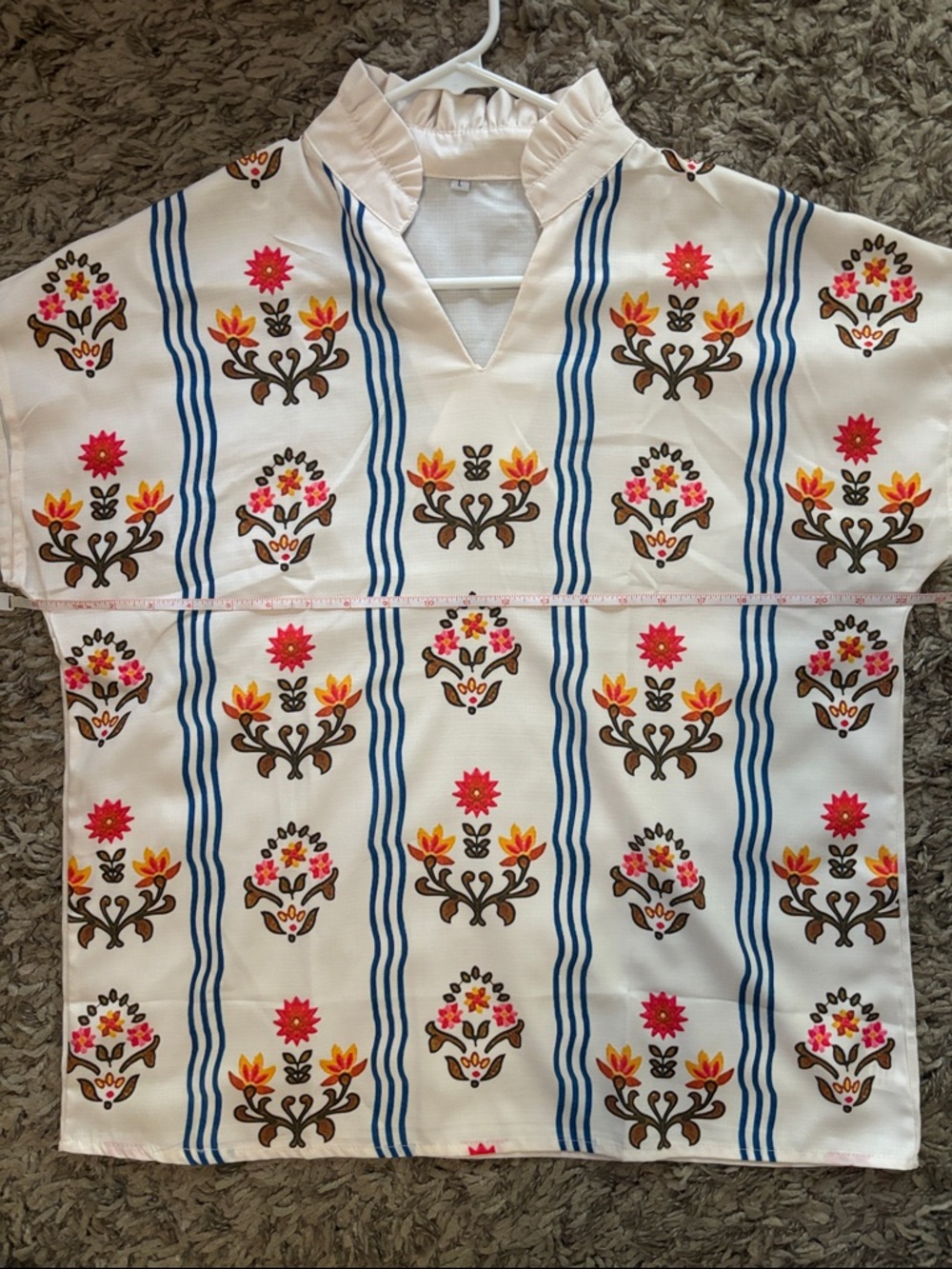 Cream Ruffled V-Neck Tunic with Blue Stripe & Floral Block Print.